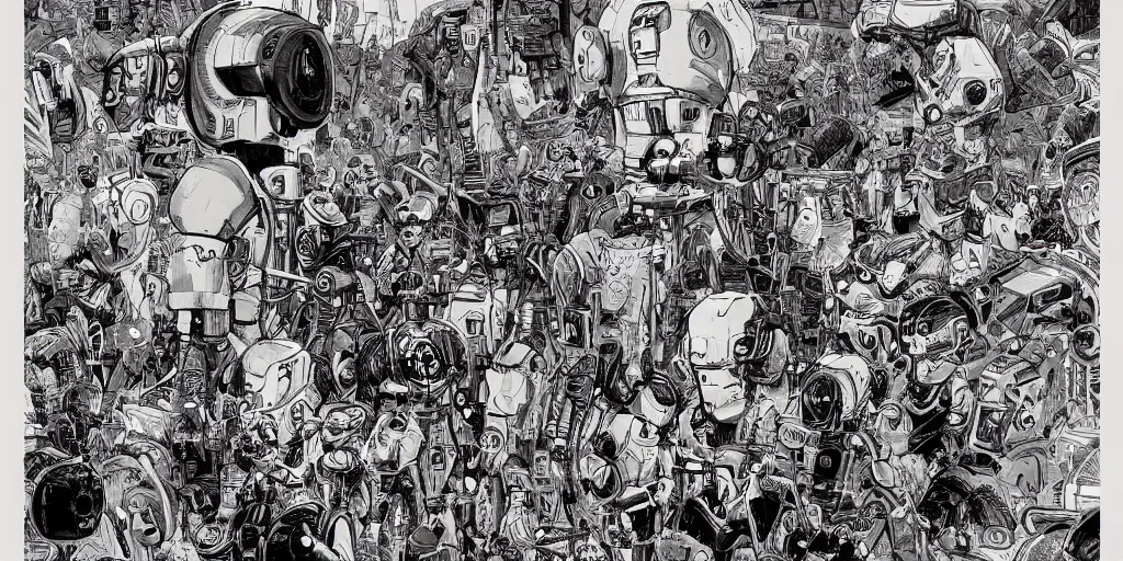 Prompt: a close - up grainy, risograph painting, hyper light drigter, a big mech droid head floating above the people, eden's world, style by moebius and kim jung gi