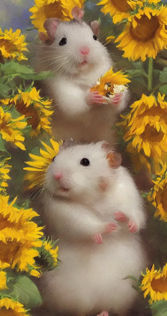 Image similar to a highly detailed beautiful portrait of a cute little hamster surrounded by beautiful sunflowers, by gregory manchess, james gurney, james jean