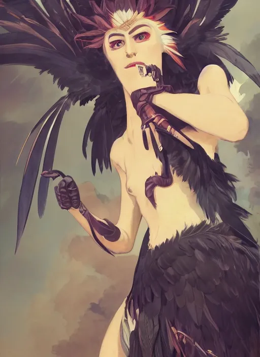 Prompt: concept art painting of a harpy bird person with black feathers, pirate clothes, detailed, realistic, cel shaded, in the style of makoto shinkai and james gurney and alphonse mucha and greg rutkowski and artgerm