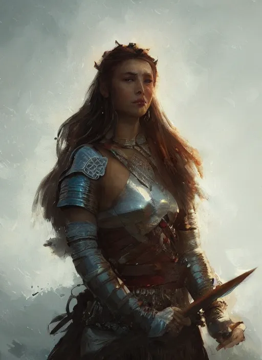 Prompt: A portrait painting of a beautiful warrior queen in the style of Greg Rutkowski, in style of Charles Sillem Lidderdale, artstation, high quality art