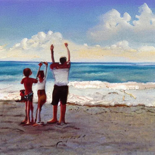 Image similar to family on the beach, early twenty century, hand painted photo