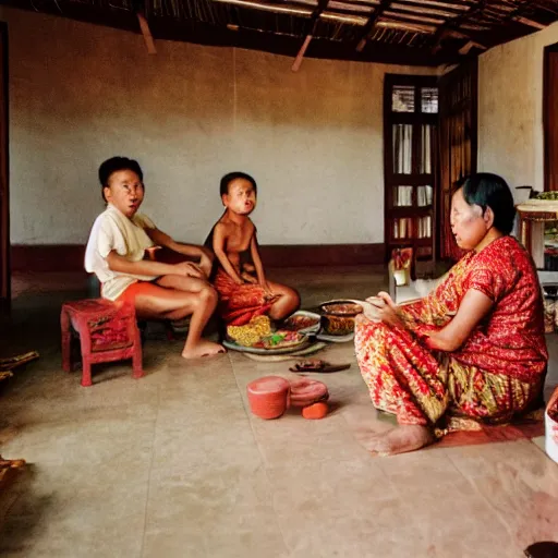 Image similar to a cinematic photograph of an Indonesian family inside their traditional house, by Gregory Crewdson, shot on 35mm film camera, natural lighting, 8K