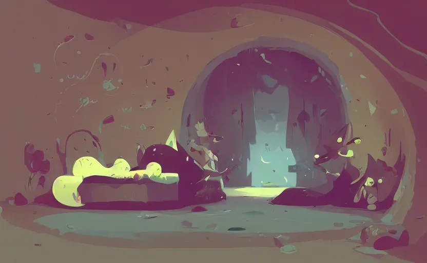 Image similar to dragons sleeping in his cave, james gilleard, print, game art