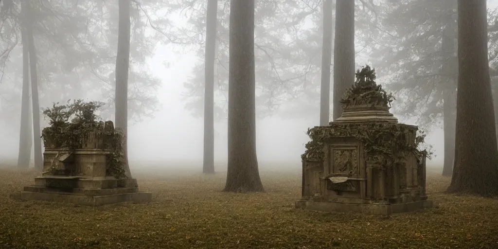 Prompt: a single tomb in the middle of a foggy forest, ornate, foggy