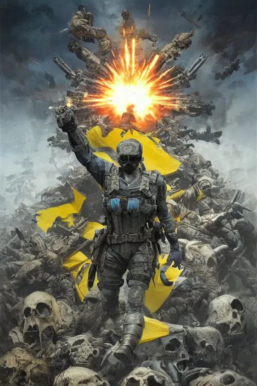 Image similar to A super soldier with Ukrainian blue and yellow flag is standing on a pile of skulls, Call of Duty, marvel, dark, intricate, highly detailed, smooth, artstation, digital illustration by Ruan Jia and Mandy Jurgens and Artgerm and Wayne Barlowe and Greg Rutkowski and Zdislav Beksinski