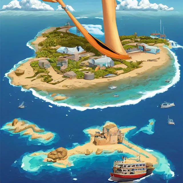 Image similar to a remote island research station in the middle of the ocean, rhads!!!, magical realism, urban fantasy, saturday morning cartoon, clean linework, ( alexander archipenko ), ( tex avery ), western animation