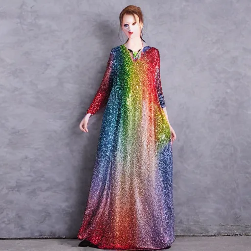 Prompt: female rainbow glitter long dress butterfly design