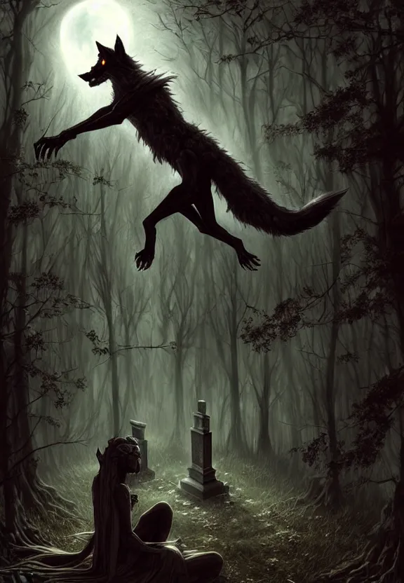 Prompt: Encounter with a feral werewolf at a spooky old cemetery, gravestones, tombstones, angel statues, fantasy magic, dark light night, intricate, elegant, sharp focus, illustration, highly detailed, digital painting, concept art, matte, art by WLOP and Artgerm and Greg Rutkowski and Alphonse Mucha, masterpiece