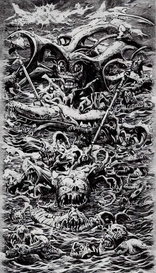 Image similar to man on boat crossing a body of water in hell with creatures in the water, sea of souls, by ed roth