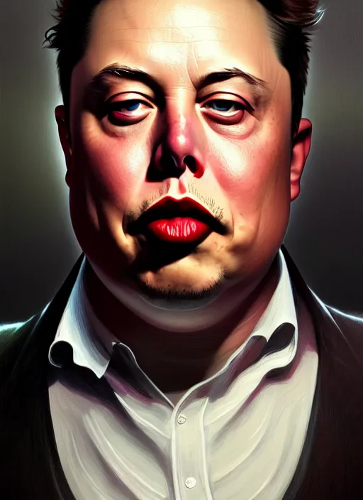 Prompt: obese elon musk, portrait, intricate, elegant, highly detailed, digital painting, artstation, concept art, wallpaper, smooth, sharp focus, illustration, art by h. r. giger and artgerm and greg rutkowski and alphonse mucha