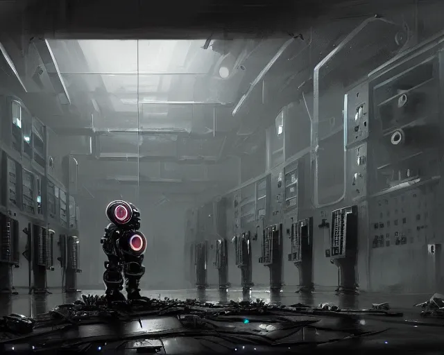 Prompt: gloomy ruined server room in datacenter painting concept art of robot knight colossus mono eyed, sharp focus, emitting diodes, smoke, artillery, pacing, computers, racks, motherboard, by pascal blanche rutkowski repin artstation hyperrealism detailed matte painting, 4 k resolution blade runner