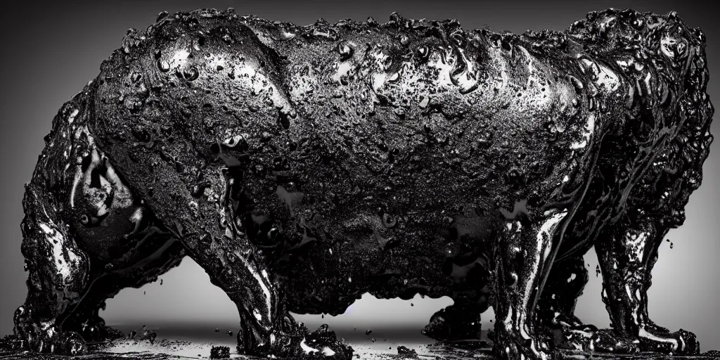 Image similar to a black lioness made of tar bathing inside the bathtub full of tar, covered with black goo, covered with slime, drooling ferrofluid, dripping ferrofluid. dslr, photography, realism, animal photography, color, modern bathroom, hyper realistic, 8 k resolution, v - ray, render, photoreal