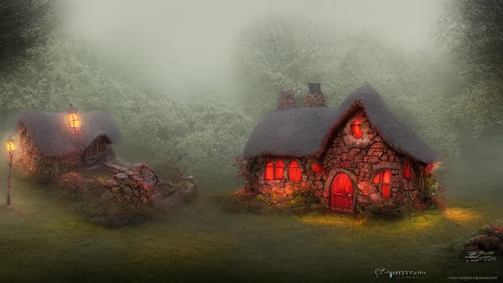 Prompt: fantasy red stone heart cottage, style by Hedgehog in the Fog , by Yuri Norstein art, Mouse Guard by David Petersen,Mouse Guard, foggy atmosphere, volumetric lighting