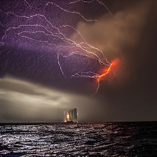 Image similar to large ship being tossed about in a fiery storm in the sea, dark, low light, terrifying, beautiful