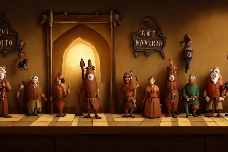 Image similar to A group of High Fantasy Creatures lined up for a portrait in a Tavern directed by Wes Anderson, Regal, Formal, Symmetrical, Satisfying, Dynamic lighting, Highly Detailed, Cinematic Lighting, 8k, HD