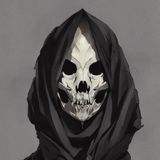 Image similar to full body portrait of a character wearing a black cloak, with a white mask in the shape of an animal skull, the mask covers her entire face, dramatic lighting, illustration by Greg rutkowski, yoji shinkawa, 4k, digital art, concept art, trending on artstation