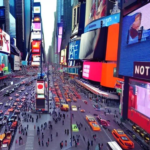 Prompt: cctv footage of times square, high angle security camera feed, blurry and glitchy,