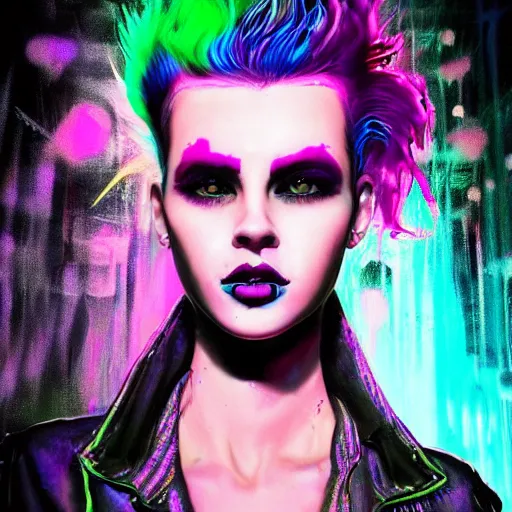 Prompt: splashes of neon magic, mowhawk, punk women portrait made out of paint, trending on artstation, epic composition, emotional, beautiful, rendered in octane, highly detailed, realistic, tim burton comic book art, sharp focus, unreal engine