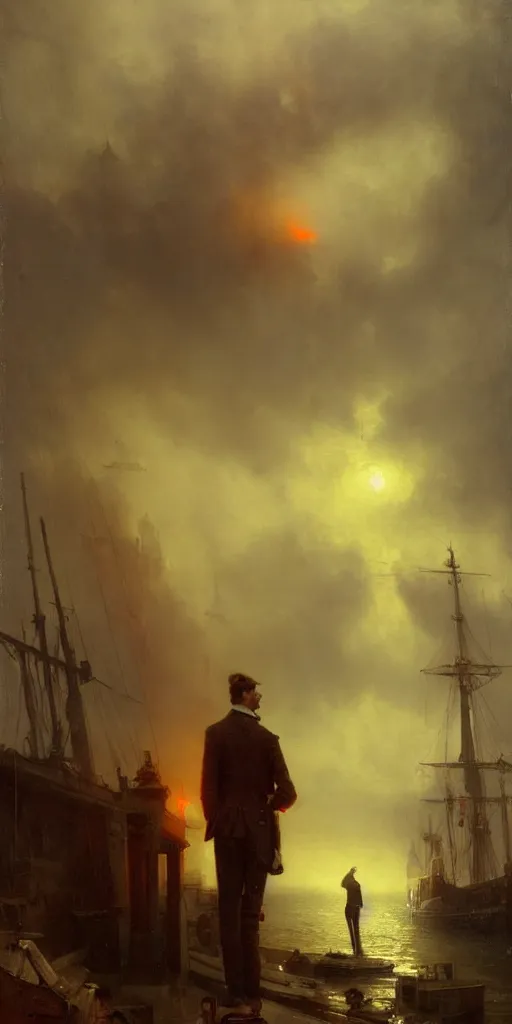 Image similar to a seaport in 1 9 4 0 with red light on, sunny day, a men stand up next to the edge, mystical orange fog, oil on canvas, art by andreas achenbach, clemens ascher, tom bagshaw and sabbas apterus,