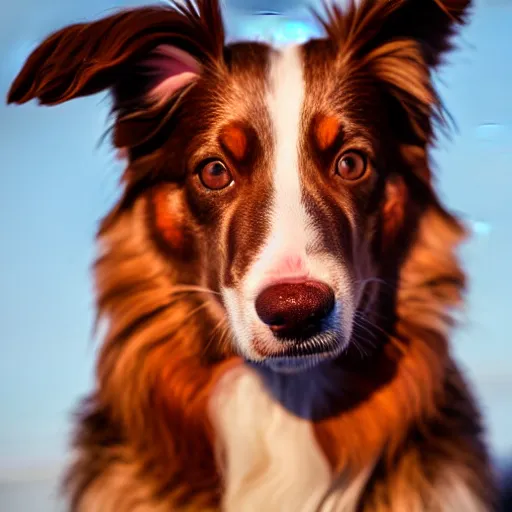 Prompt: red tri australian shepard. golden hour light photograph, hi gloss perfect lighting, 4 k, octane render, 5 0 mp cannon 8 0 mm.