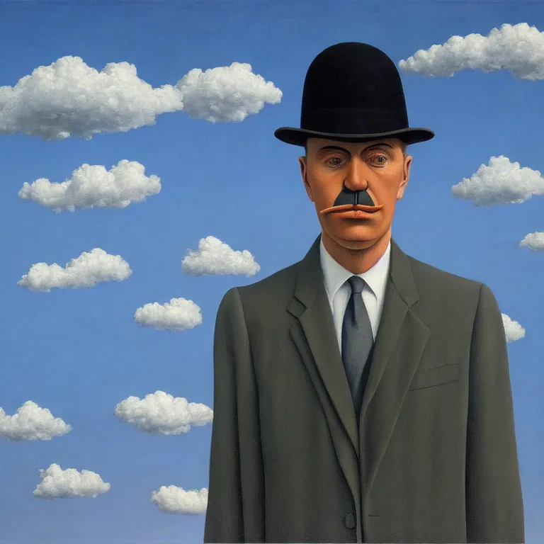 Image similar to portrait of a faceless chrome - head man in a suit, clouds in the background, by rene magritte, detailed painting, distance, centered, hd, hq, high resolution, high detail, 4 k, 8 k