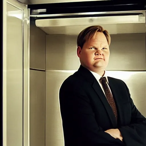 Prompt: Andy Richter is wearing a black suit and necktie and standing in a kitchen in front of an open refrigerator. There is a bright white light coming from inside the refrigerator. Andy is using his hand to shield his eyes from the bright light. Andy is squinting his eyes and his face is scrunched.