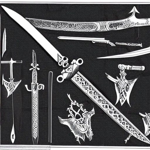 Prompt: black and white pen and ink sword design highly detailed technical drawing