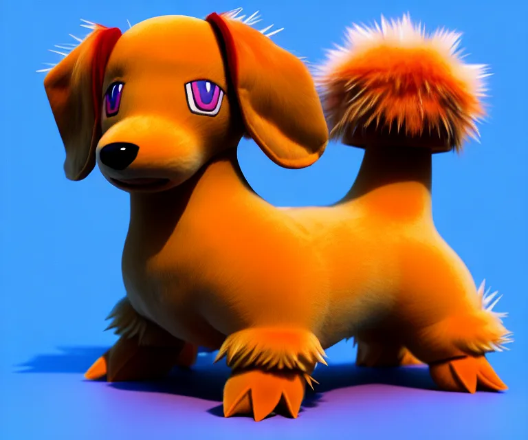 Image similar to high quality 3 d render hyperrealist very cute fluffy dachshund - pokemon, plush mascot, long spiky fluffy smooth hair, photo from the side, multi colors, vivid colors, vray, smooth background, artstation, ultra detailed