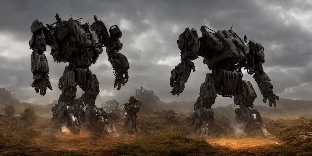 Image similar to large mech war machine walking through the countryside, cinematic lighting, dramatic camera angle, highly detailed concept art. realistic render