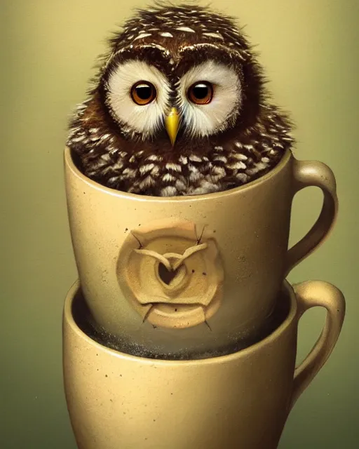 Image similar to long shot of a very cute owl chick nesting in a mug, esao andrews, humorous illustration, hyperrealistic, big depth of field, warm colors, night scenery, low light, 3 d octane render, 4 k, concept art, hyperdetailed, hyperrealistic, trending on artstation