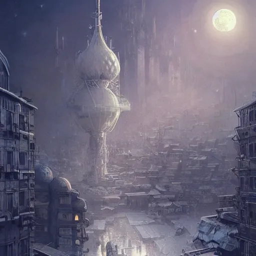 Prompt: It’s crowded streets of Russian sleeping quarters on the Moon city, Norilsk, sci-fi, fantasy, intricate, very very beautiful, elegant, highly detailed composition, digital painting, artstation, concept art, smooth, sharp focus, illustration, art by artgerm and greg rutkowski and alphonse mucha