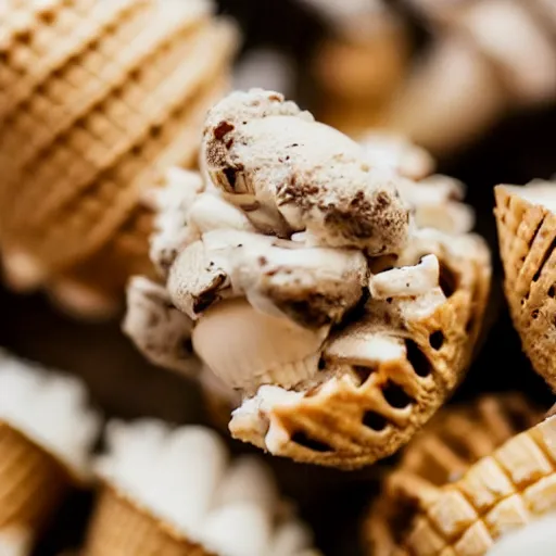 Prompt: a photograph of a clump of ice cream cones growing out of the cavity in a roast turkey like mushrooms. Shallow depth-of-field