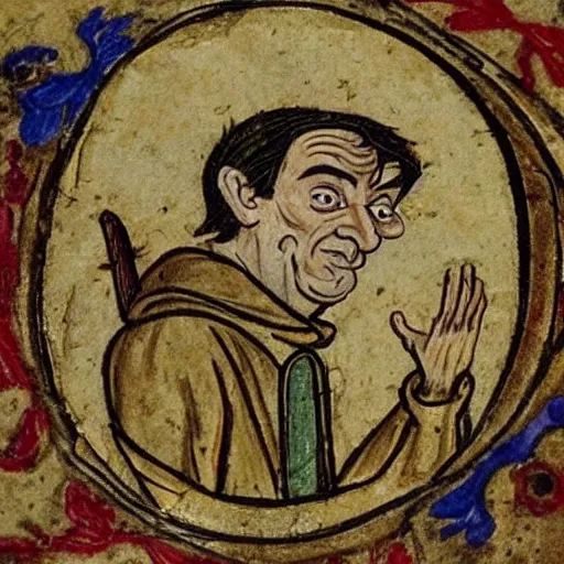 Prompt: medieval manuscript art of mr. bean