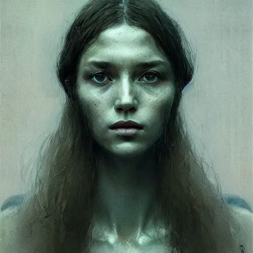 Prompt: A portrait of a woman, art by Greg Rutkowski and Zdzisław Beksiński