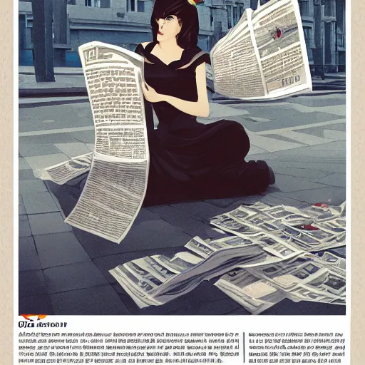 Image similar to seductive goddes reading newspaper in modern city in the style of Durand and greg rutkowski, beautiful, geometric, trending on artstation, cinematic