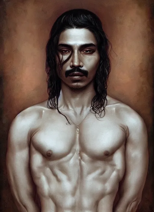 Prompt: portrait of a shirtless mexican vato art by manuel sanulian and tom bagshaw