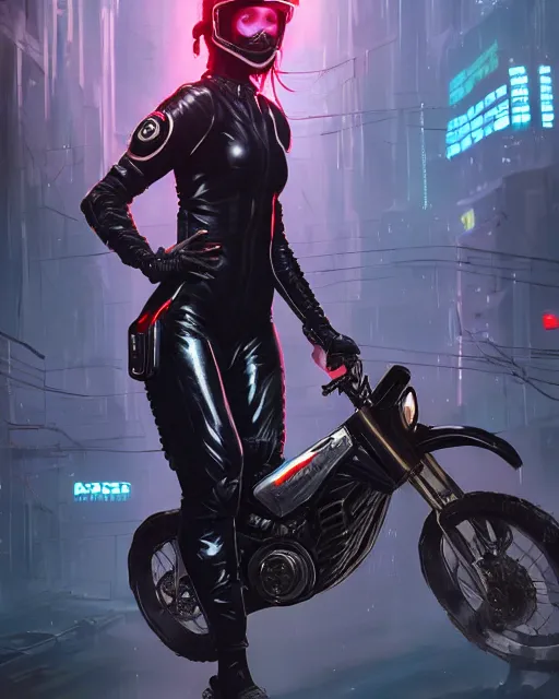 Image similar to girl wearing cyberpunk intricate catsuit riding dirt bike, respirator, detailed portrait, cell shaded, 4 k, concept art, by wlop, ilya kuvshinov, artgerm, krenz cushart, greg rutkowski, pixiv. cinematic dramatic atmosphere, sharp focus, volumetric lighting, cinematic lighting, studio quality