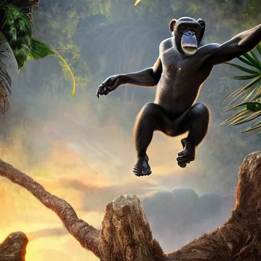 Image similar to Angry Chimpanzee Jumping, Epic Jump, Cinematic Photo, Cinematic Shot, Jungle, Foliage Boris Vallejo, Epic, 8k resolution, ArtStation, Hyperrealistic