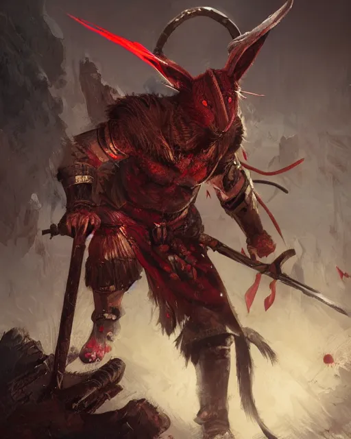 Image similar to Rabbit Berserker, rage, maniac, war paint, red, Khorne, magic the gathering artwork, D&D, fantasy, cinematic lighting, centered, symmetrical, highly detailed, digital painting, artstation, concept art, smooth, sharp focus, illustration, volumetric lighting, epic Composition, 8k, art by Akihiko Yoshida and Greg Rutkowski and Craig Mullins, oil painting, cgsociety