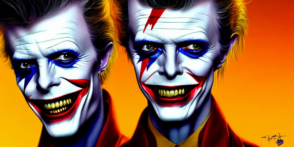 Image similar to david bowie as the joker, cinematic, highly detailed, digital painting, artstation, concept art, matte, sharp focus, illustration, art by artgerm and greg rutkowski and alphonse mucha