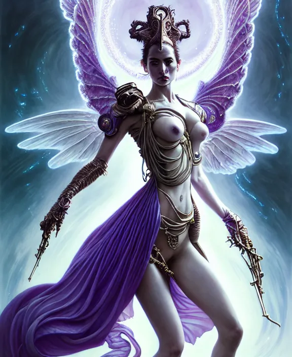 Image similar to beautiful fantasy character portrait, ana de armas, ultra realistic, wide angle, intricate details, the fifth element artifacts, tesseracts, highlights of purple, highly detailed by peter mohrbacher, hajime sorayama, wayne barlowe, boris vallejo, paolo eleuteri serpieri, dishonored 2, white gown, angel wings