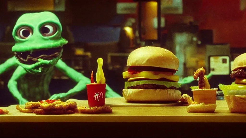 Prompt: the strange cheeseburger creature at the fast food place, film still from the movie directed by denis villeneuve and david cronenberg with art direction by salvador dali and zdzisław beksinski, pixar, wide lens