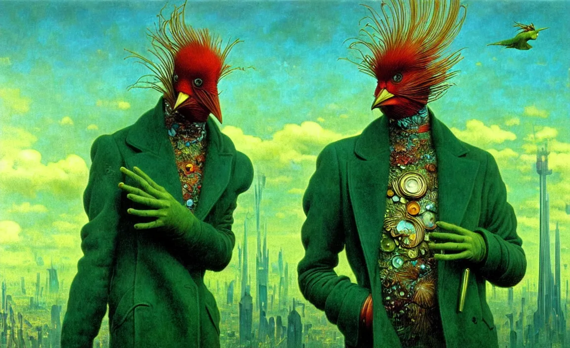 Image similar to realistic detailed portrait movie shot of a birdman wearing green leather coat, sci fi city landscape background by denis villeneuve, amano, yves tanguy, alphonse mucha, ernst haeckel, max ernst, roger dean, masterpiece, rich moody colours, blue eyes, occult