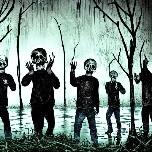 Prompt: people holding skulls in a swamp filled with bones digital horror art