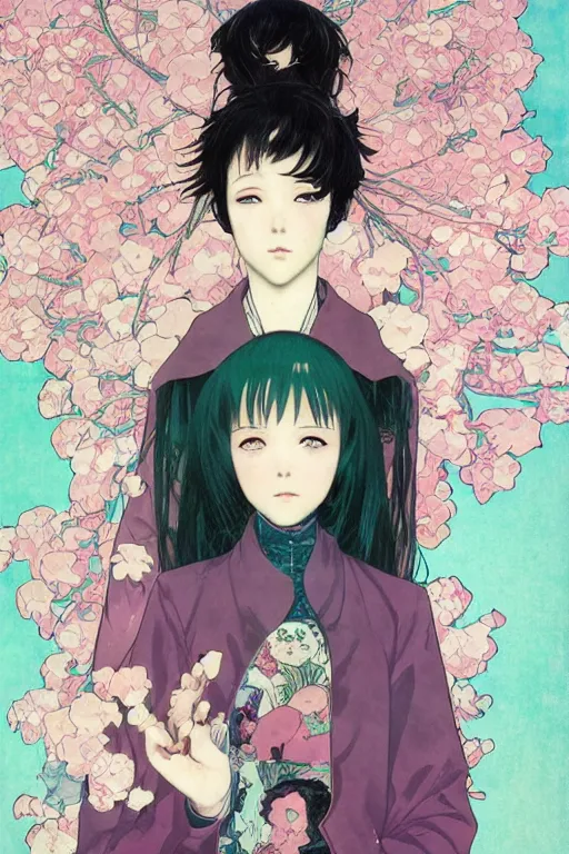 Prompt: professionally drawn shoujo mature horror mystery romance manga comic cover, beautifully drawn museum portrait coherent professional, drawn by ilya kuvshinov, gustav klimt, alphonse mucha and tsutomu nihei. japanese script kanji hiragana on the cover. simplistic minimalist stylized cover art. pink & green & blue full color.