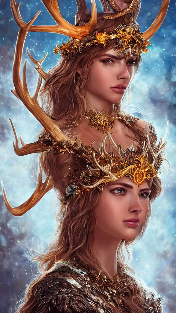 Image similar to highly detailed full body portrait of Artemis, goddess of the hunt and the moon, wearing a crown made of antlers, studio lightning, bright colors, intricate, masterpiece, photorealistic, hiperrealistic, sharp focus, high contrast, Artstation HQ, DeviantArt trending, 4k UHD, Unreal Engine 5