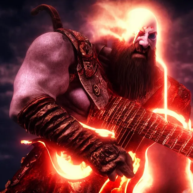 Prompt: glowing eyes evil kratos shredding on a flaming stratocaster guitar, cinematic render, god of war 2 0 1 8, santa monica studio official media, flaming eyes, lightning