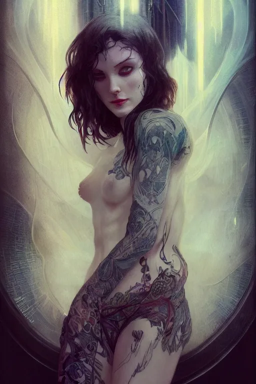 Prompt: woman with pale skin and intricate tattoos, fog, volumetric lighting, intricate, elegant, highly detailed, digital painting, artstation, concept art, smooth, sharp focus, art nouveau, cyberpunk, art by raymond swanland and alphonse mucha