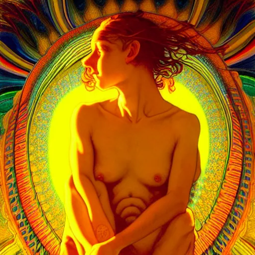 Prompt: transcendent bodhisattva mind bending psychedelic waves of glossy liquid honey flowing like kaleidoscopic translucent amber, lsd waves, honey ripples, enlightenment, high contrast lighting, refracted sunset, highly detailed, concept art, art by collier, albert aublet, krenz cushart, artem demura, alphonse mucha