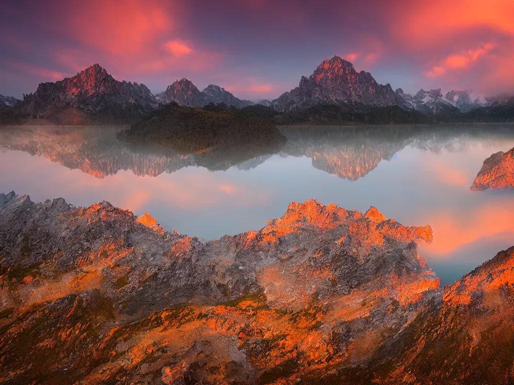 Prompt: majestic mountain range, lake in the foreground, orange - ish haze, photo taken with sony alpha 7 iii, photo by marc adamus
